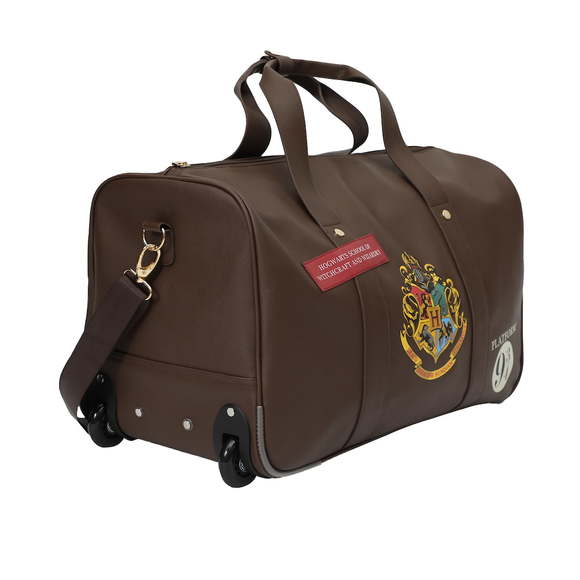 Rolling PU Duffle Bag Travel Luggage with Patches and Applique in Brown - Picture 2 of 7